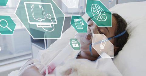 Hospitalized Child with Digital Medical Interface Icons Overlay