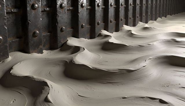 Undulating silty mud waving along rusted sheet-pile wall with rivets and corrosion texture