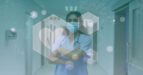 Nurse in Hospital Corridor with Medical Technology Icons