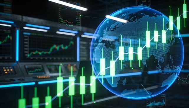 Holographic Global Market Visualization with Green Candlestick Growth and Rising Trend