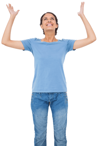 Cheerful Biracial Woman with Raised Arms on Transparent Background
