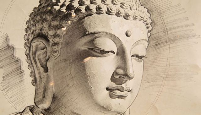 Monochrome charcoal buddha head sketch on aged paper with halo lines and cracked texture