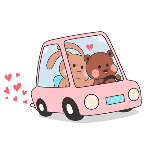 Adorable bear and rabbit driving a pink car with hearts