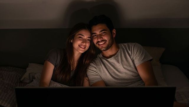 Couple enjoying cozy evening together with laptop