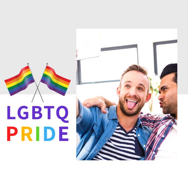 LGBTQ pride concept with rainbow flags and a happy gay couple taking a selfie, celebrating self-acceptance and rights. Suitable for articles on LGBTQ events, pride promotions, and social media campaigns.