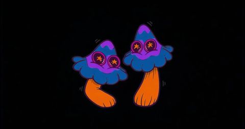 Whimsical Neon Mushrooms with Starry Eyes on Black Background