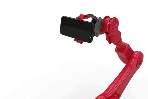 Red robotic arm gripping smartphone isolated on transparent background