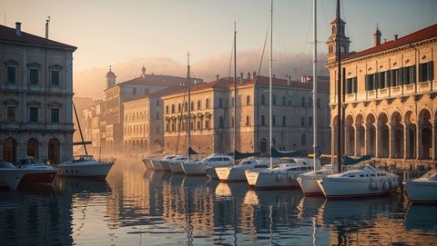 Sailboats anchored at historic marina in trieste, italy at dawn