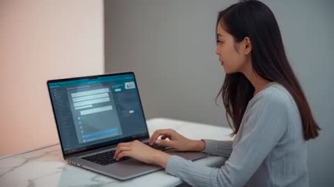 Woman Engaging with Online Coursework on Laptop at Home Workplace