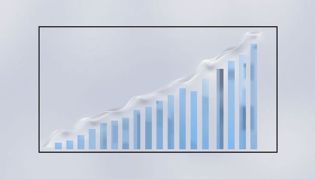 Displaying ascending blue bar chart with glossy ribbon overlay and minimalist frame panel