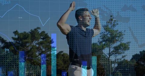 Golfer celebrating with digital data overlays on fairway