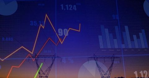 Power grid standing at dusk with rising energy market charts and data visualization
