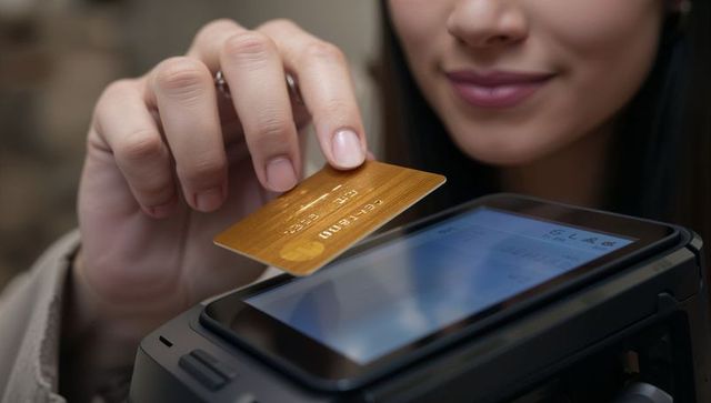 Woman tapping gold contactless card on pos terminal at checkout