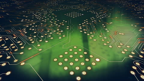 Futuristic Circuit Board with Glowing Lines and Holographic Elements