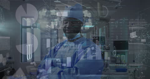 Surgeon Overlooking Futuristic Data Interfaces in Hospital