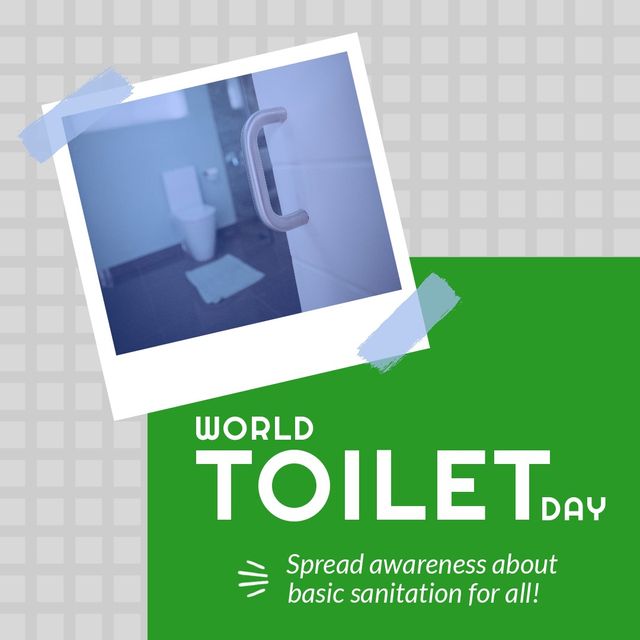 Square image of world toilet day text with instant photo of toilet in bathroom taped to tiled wall. World toilet day, global sanitation crisis awareness concept digitally generated image.