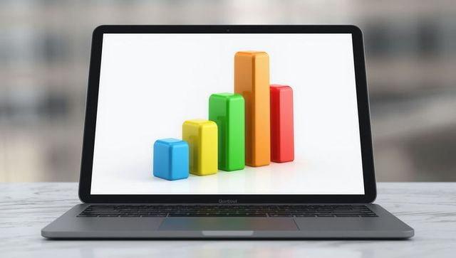 Laptop Displaying Colorful 3D Bar Chart in Modern Office