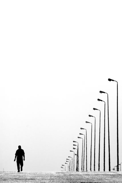 Person Walking Along Streetlight-Lined Road in Black and White - Download Free Stock Images Pikwizard.com