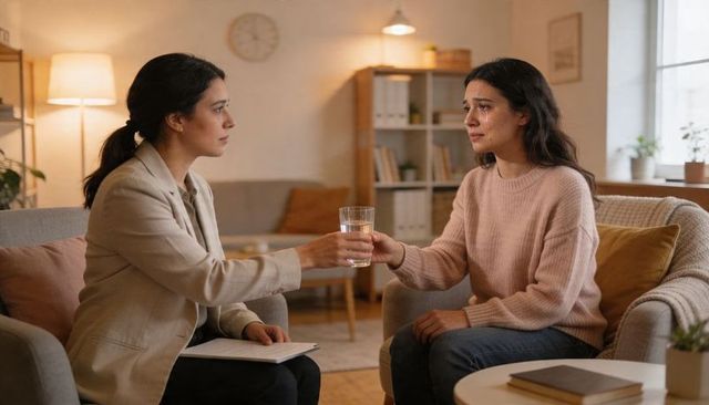 Therapist offering water and comfort to tearful client during emotional counseling session