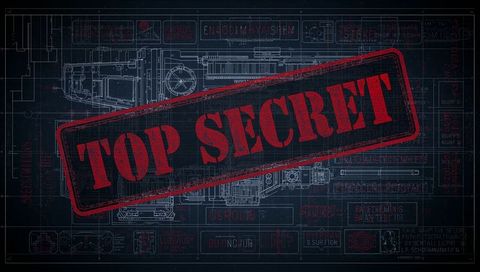 Top Secret Stamp Overlaying Technical Blueprint Showing Red Distressed Seal on Dark Grid