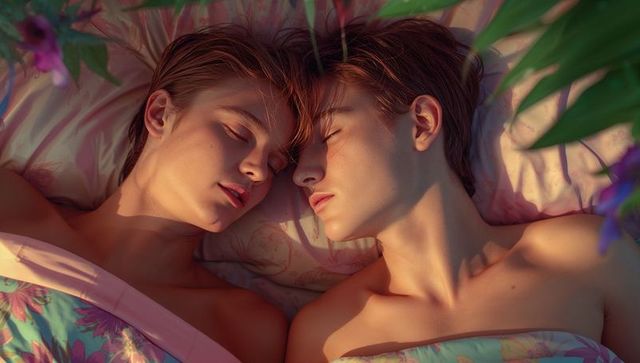 Tranquil couple sleeping in floral themed atmosphere