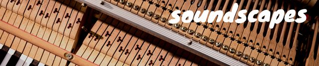 Close-up view of piano internals including strings, keys, and hammers with the word 'soundscapes' superimposed. Ideal for music promotions, classical music visuals, and artistic backgrounds that emphasize the intricate details of musical instruments.