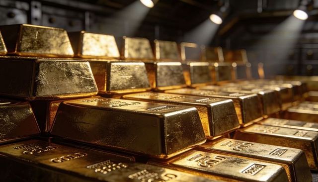 Glinting gold bars stacking inside secure vault under dramatic spotlights