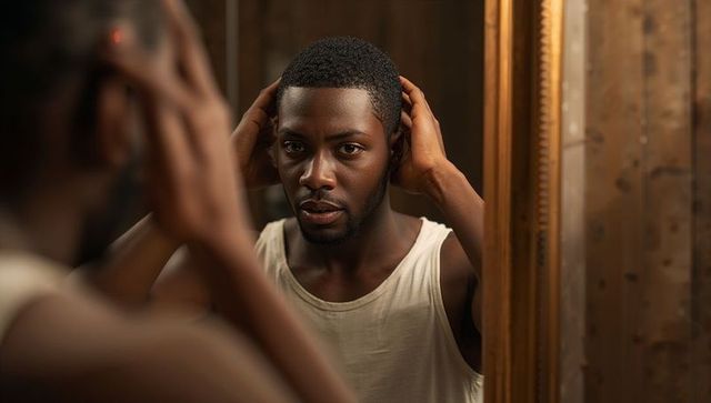 Man adjusting hair in mirror, contemplative morning grooming portrait in warm wood bathroom