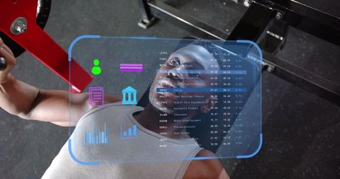 Athlete lifting bench press with futuristic hud fitness data overlay