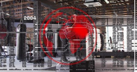Red digital globe hud pulsing over industrial boxing gym with punching bags and weights
