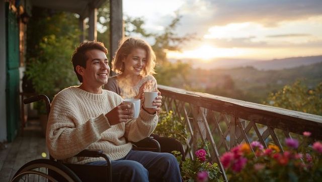 Couple enjoying sunset on rustic porch with man in wheelchair holding steaming mugs