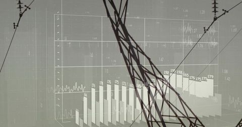 Silhouette of power lines overlaid with graphs and analytics