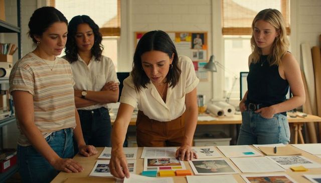 Design team collaborating over color swatches and editorial layouts in bright workspace