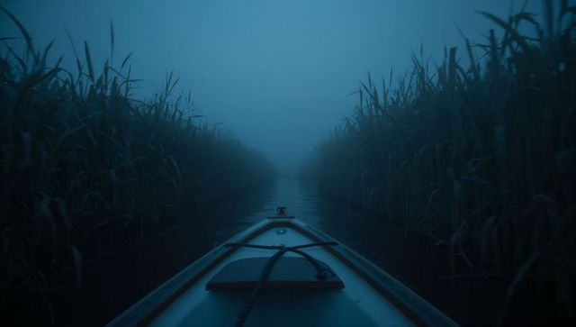 Kayak prow gliding through misty reedbed channel, moody blue fog, coiled rope and hatch
