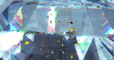 Vibrant Confetti Falling Over Glowing Crystals for Celebration