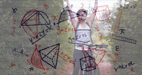 Woman Celebrating Cycling Achievement Surrounded by Digital Math Design