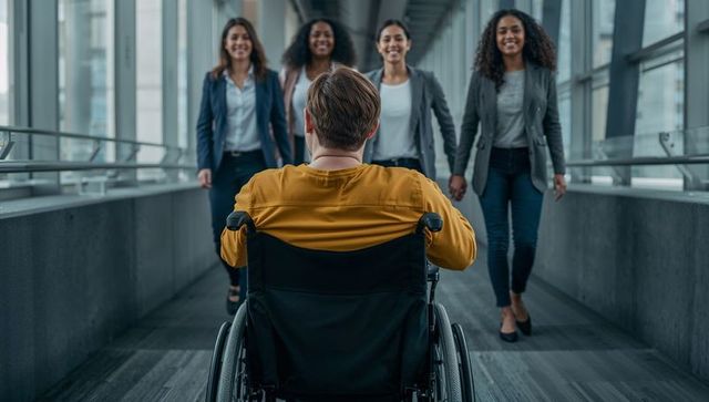 Business Colleagues Approaching Man in Wheelchair in Modern Hallway