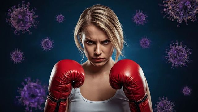 Determined woman with boxing gloves facing viruses