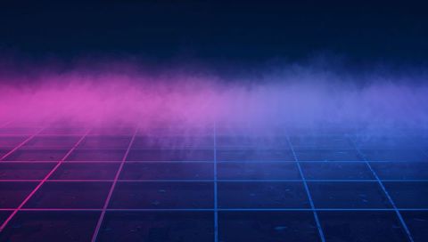 Glowing Neon Grid Stretching to Foggy Horizon on Reflective Tiled Floor