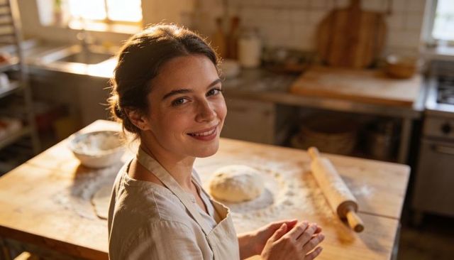 Smiling woman kneading dough in sunlit rustic kitchen, shaping bread with rolling pin