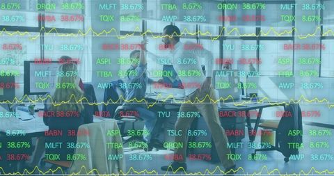 Diverse team analyzing financial data overlaid with global trends