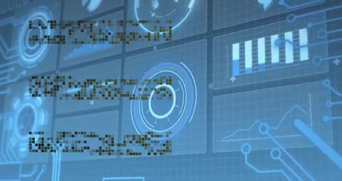 Futuristic Digital Grid with HUD Interfaces and Data Visualization