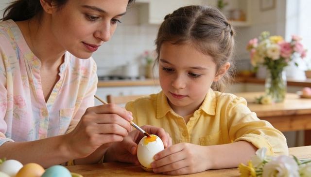 Mother and daughter painting easter eggs together in cozy sunlit kitchen for spring