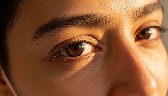 Gazing amber eyes reflecting warm sunlight through window, closeup of eye and skin texture