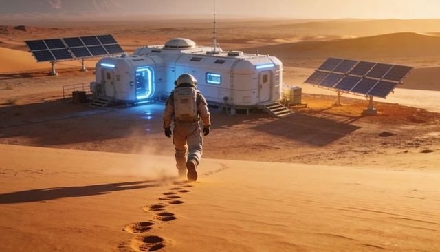 Astronaut walking toward habitat with solar arrays on red desert dunes at sunset leaving footprints