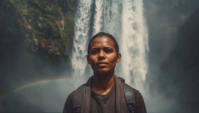 Female Hiker Standing by Majestic Waterfall with Rainbow Mist and Backpack Adventure Portrait