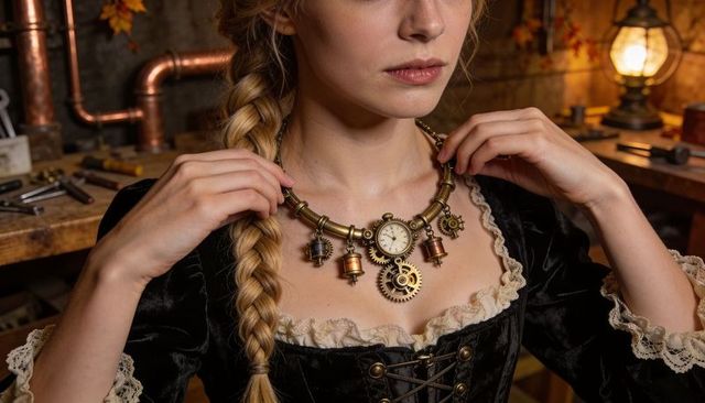 Adjusting steampunk necklace wearing black velvet corset in vintage brass gear workshop