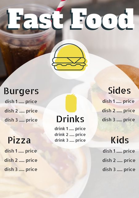 This image showcases a modern fast food menu template featuring sections for burgers, drinks, pizza, sides, and kids meals. The template includes space for detailing dishes and their respective prices, making it ideal for casual dining establishments. It includes burger and drink icons to attract customers. Perfect for use in fast food restaurants, cafes, or online food delivery services to clearly communicate menu options.