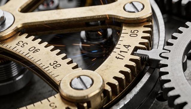 Macro brass focusing gear with engraved scale and sparks for precision machining concept