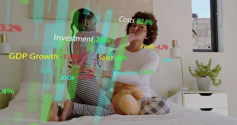 Mother and Child Bonding on Bed Holding Teddy Bear with Financial Charts Overlay